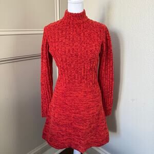 Vintage Roncelli Wool Boucle Knit Space Dyed Red/Orange Sweater Dress 1970s